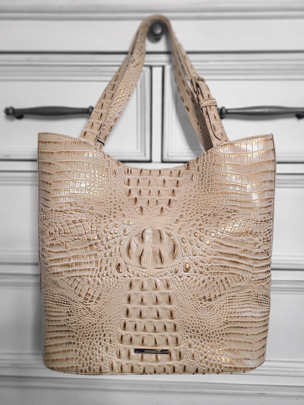 BRAHMIN Croc-Embossed Genuine Leather Tote in Beige